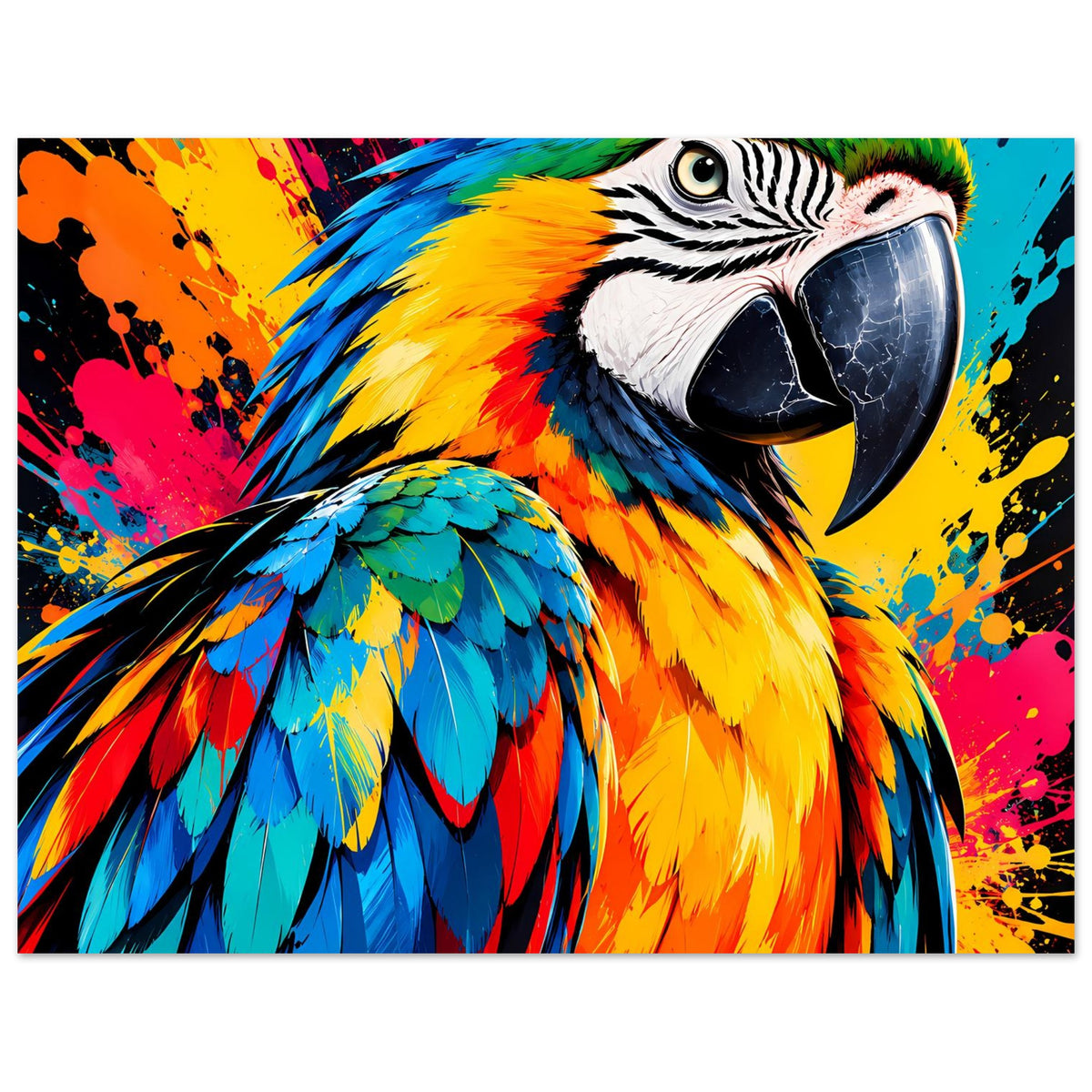 Kunstdruck-Poster Querformat: Papagei im Nahbereich, kräftige Farbspritzer
