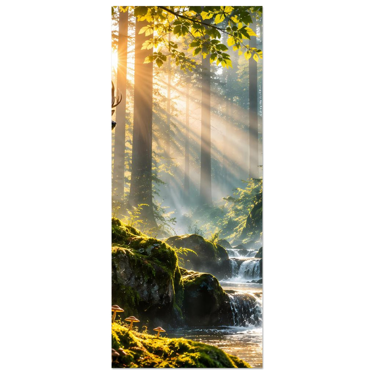Hochformatiges Waldposter mit Hirsch, Sonnenaufgang zwischen Bäumen und Wasserfall im Hintergrund