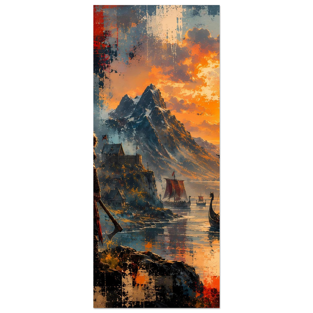 Vertikales Poster: Berge, Wasserweg und Segelboote bei orangefarbenem Sonnenuntergang