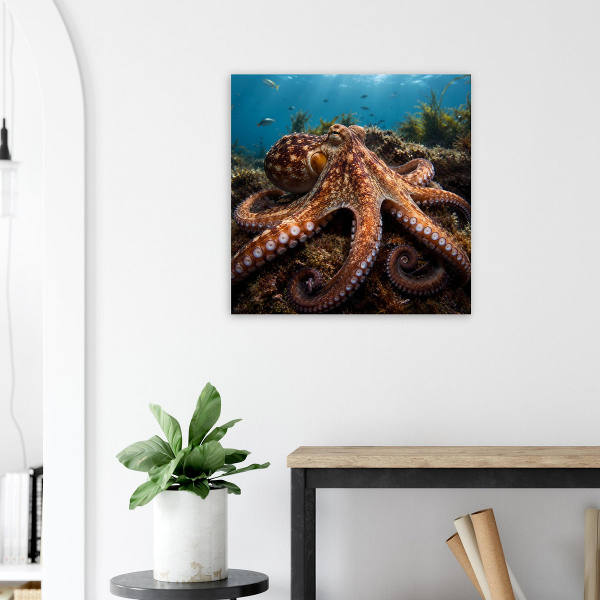 Oktopus-Unterwasserposter: brauner Oktopus mit Armen über blauem Wasser