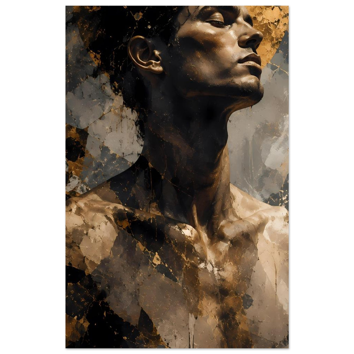 Kunstposter mit abstraktem Männerporträt, Fokus auf Gesicht und Hals, goldene Partien