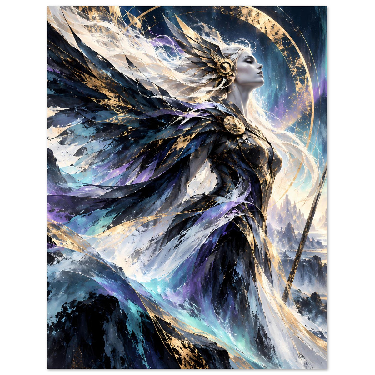 Fantasy-Göttinnenposter, Hochformat: geflügelte Göttin mit Krone, goldene Runen und Farbstrahlen
