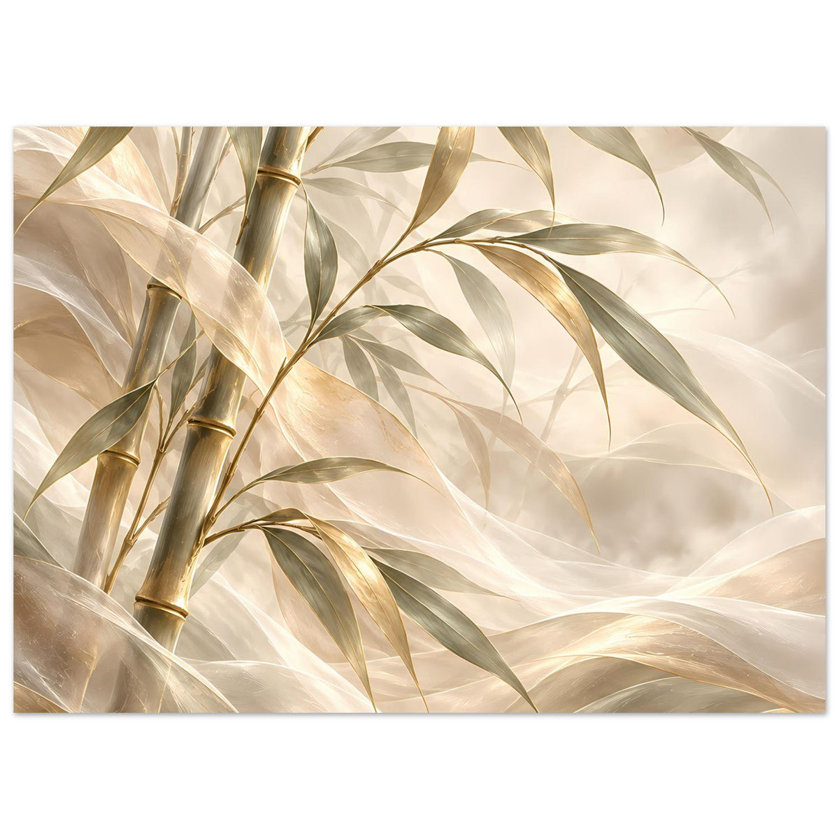 Bambus-Poster, horizontal: Bambusstangen in Gold mit Blättern in gedämpften Grün- und Elfenbeintönen
