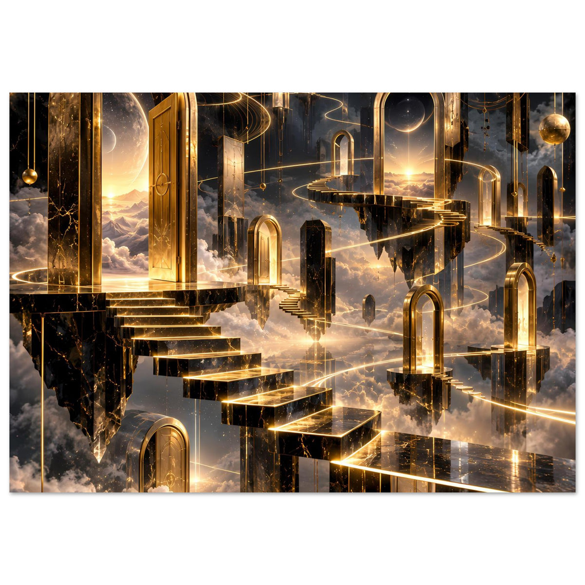 Premium-Poster (Querformat) mit gold-schwarzer Architektur, Treppenstufen und Lichtlinien