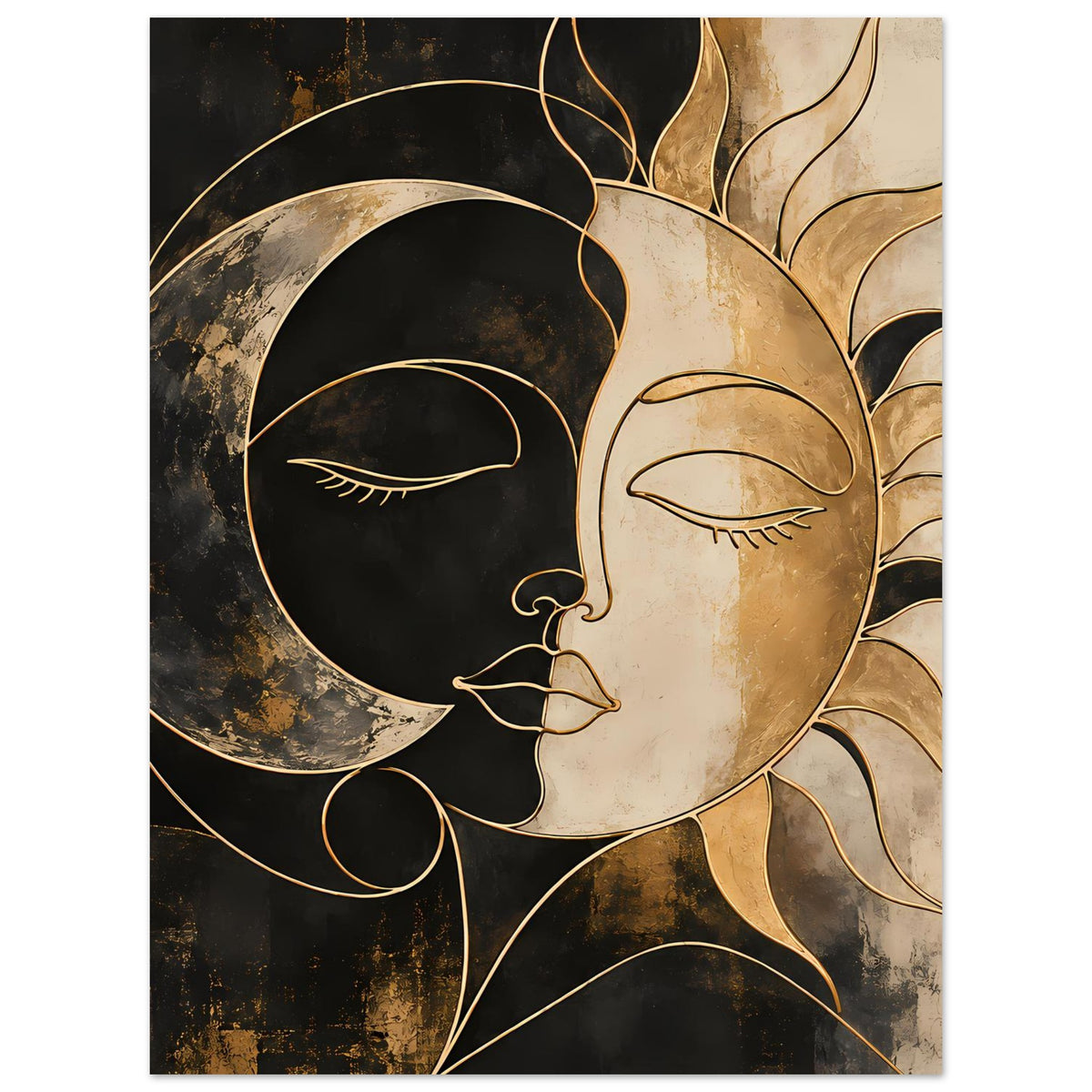 Kunstposter im Hochformat mit Halbmond- und Sonnengesicht, goldenen Konturen, abstrakt