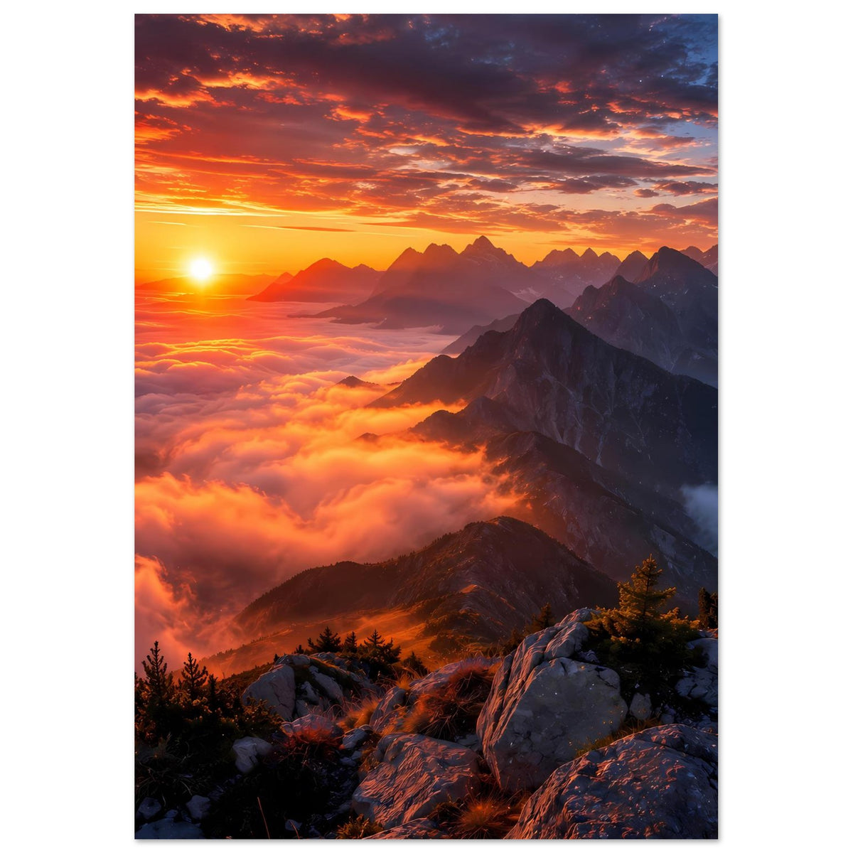 Gerahmtes Poster im Hochformat: Sonnenaufgang über Berggipfeln, Wolken und Felsen im Vordergrund