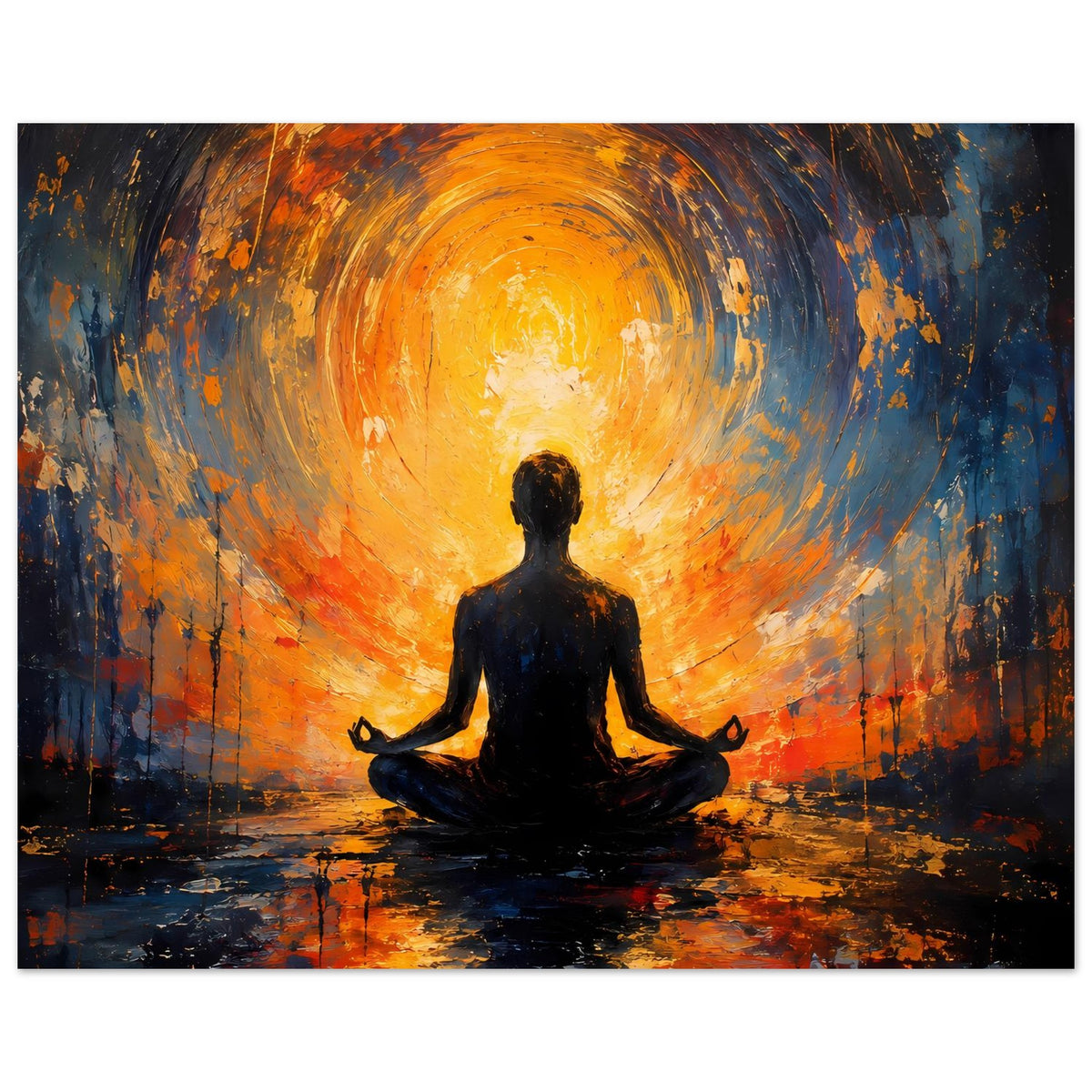 Abstraktes Poster mit Meditationshaltung, leuchtender orangefarbener Kreissphäre und blauen Akzenten