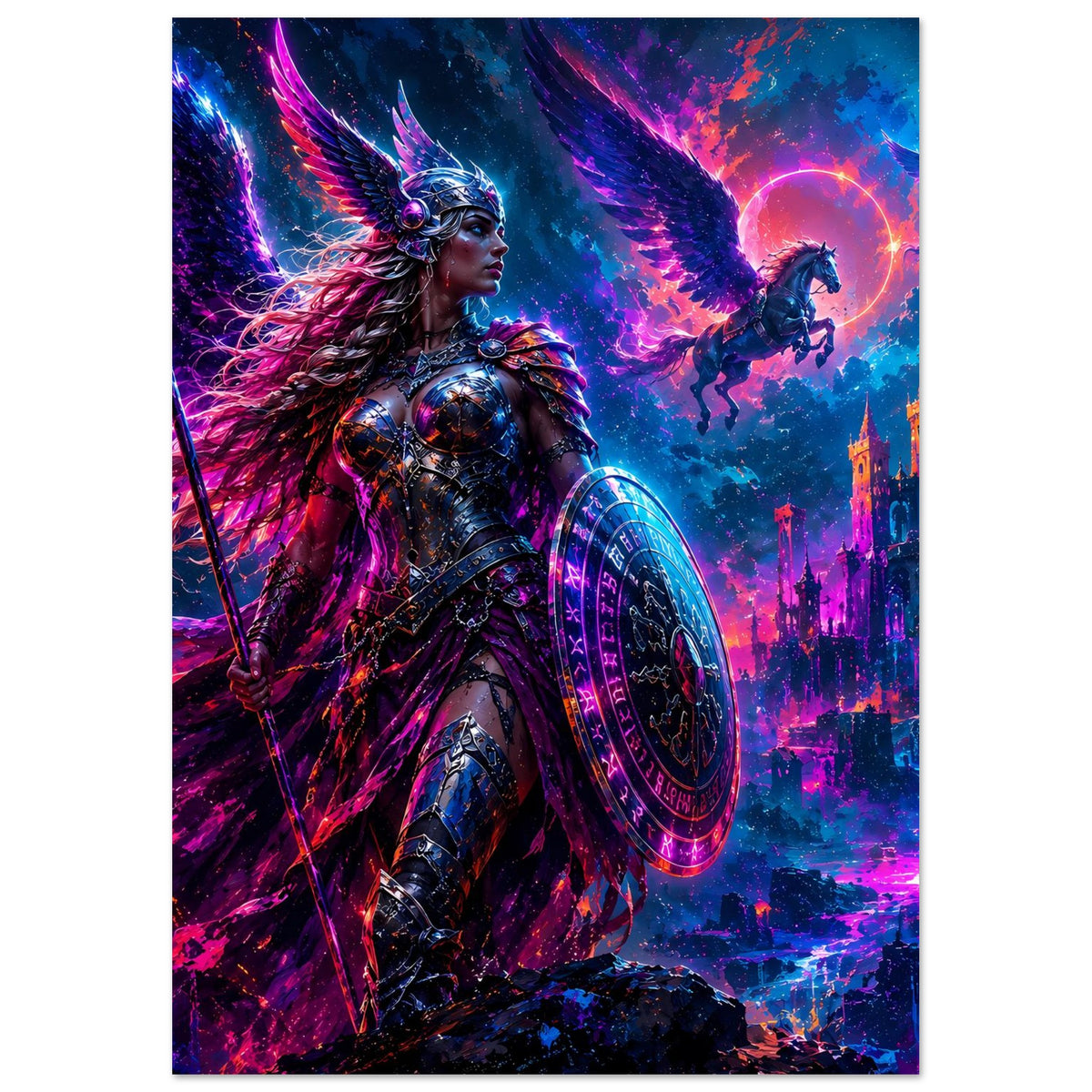 Fantasy-Poster mit bewaffneter Valkyrie, blau-lila Strahlen und Festung im Hintergrund