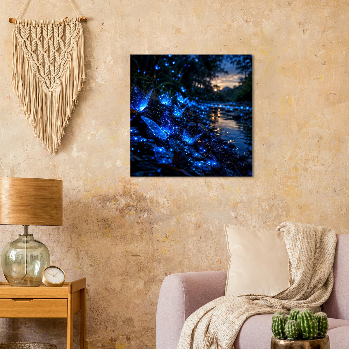 Quadratischer Kunstdruck: blauer leuchtender Schmetterling über dunkler Wasseroberfläche