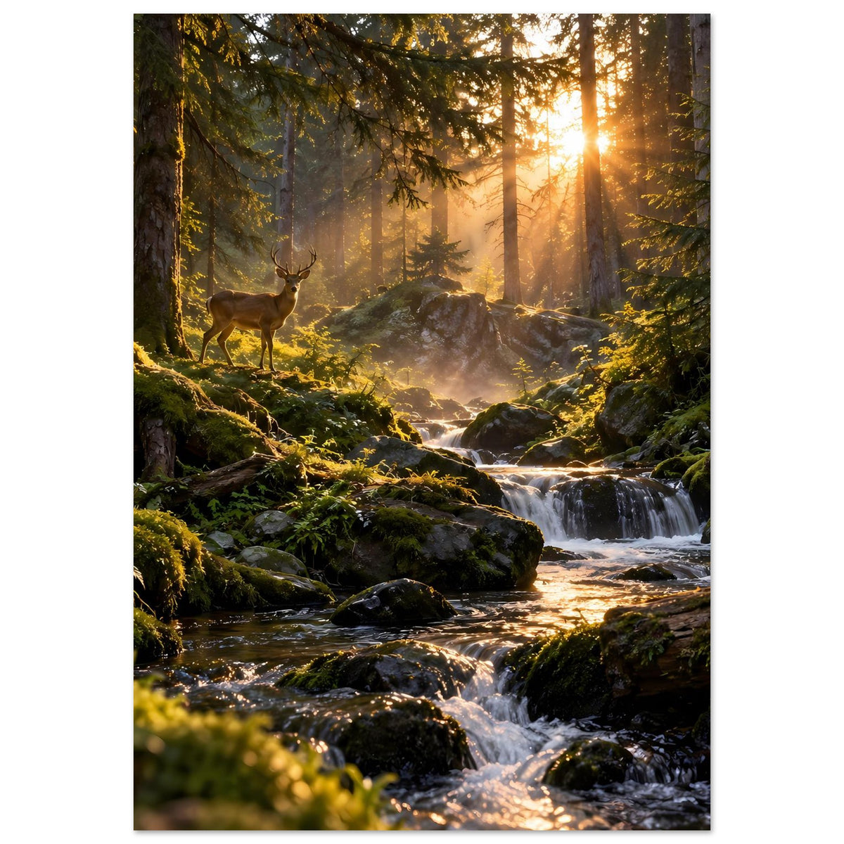 Hochformatposter: Hirsch im Vordergrund, fließender Bach, Waldsonne im Hintergrund