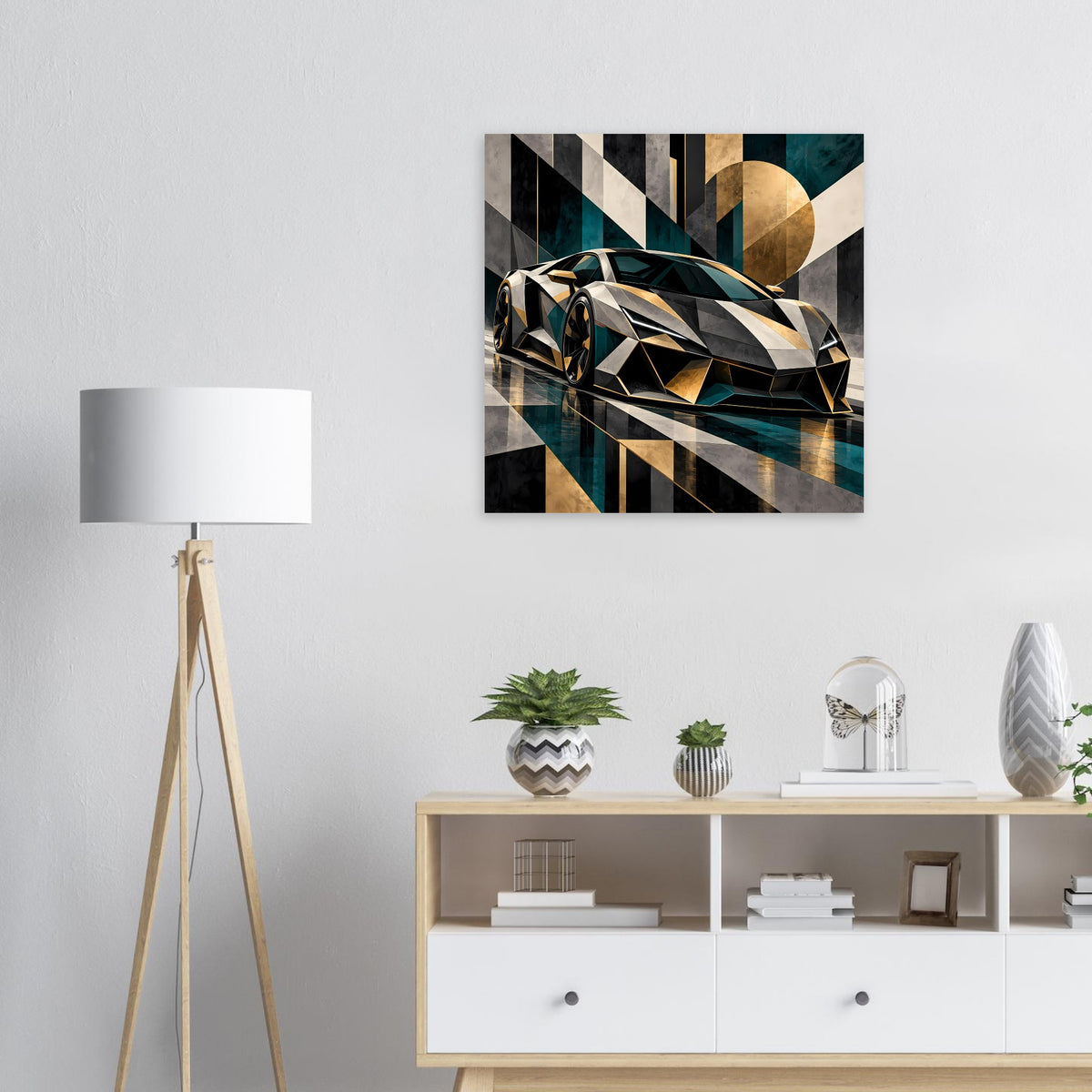 Quadratisches Autoposter mit geometrischem Sportwagen, gold-schwarz und petrol