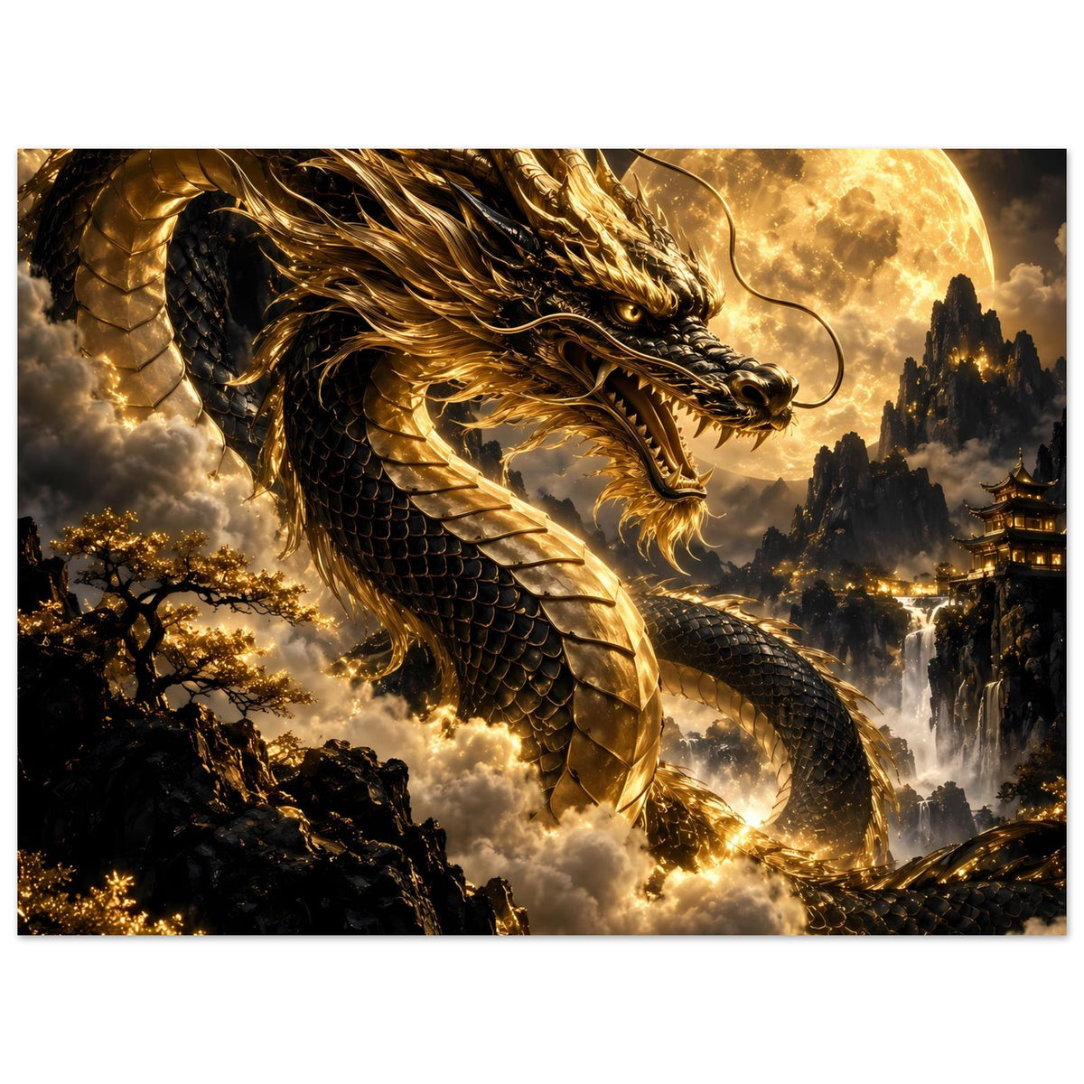Drachenposter (quer): goldener Drache mit Vollmond, Wolken und Burgen im Hintergrund