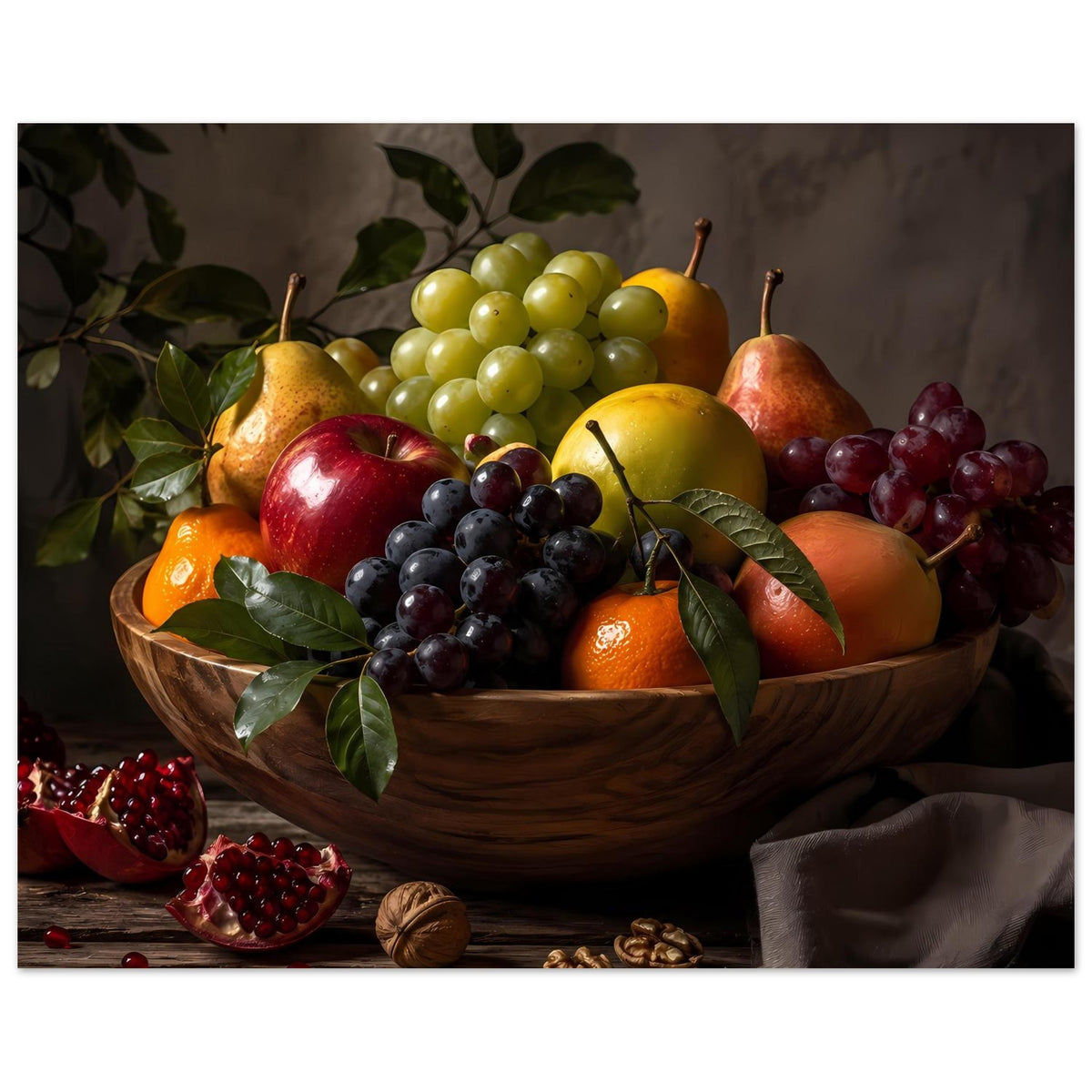 Früchtekorb-Poster mit Obstschale und Trauben, Zitrusfrüchten, Granatapfel und Nuss