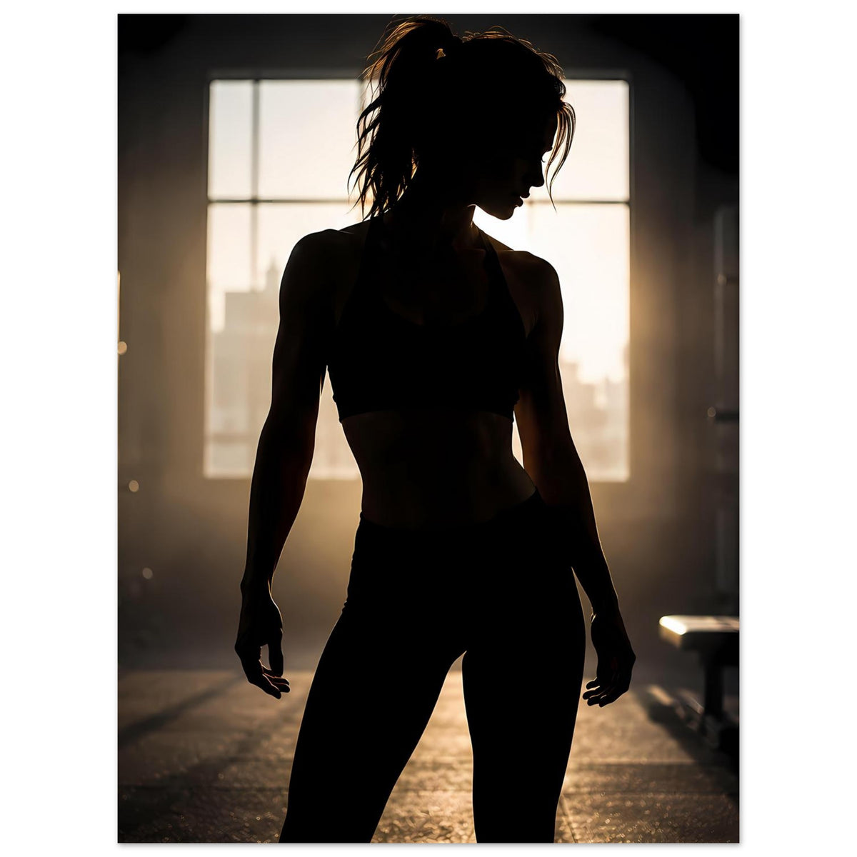 Sportposter im Hochformat mit dunkler Silhouette einer Athletin, von der Seite