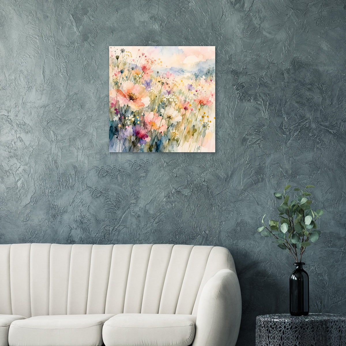 Wandposter mit Pastell-Wildblumen und bunten Punkten, aquarellartig und luftig