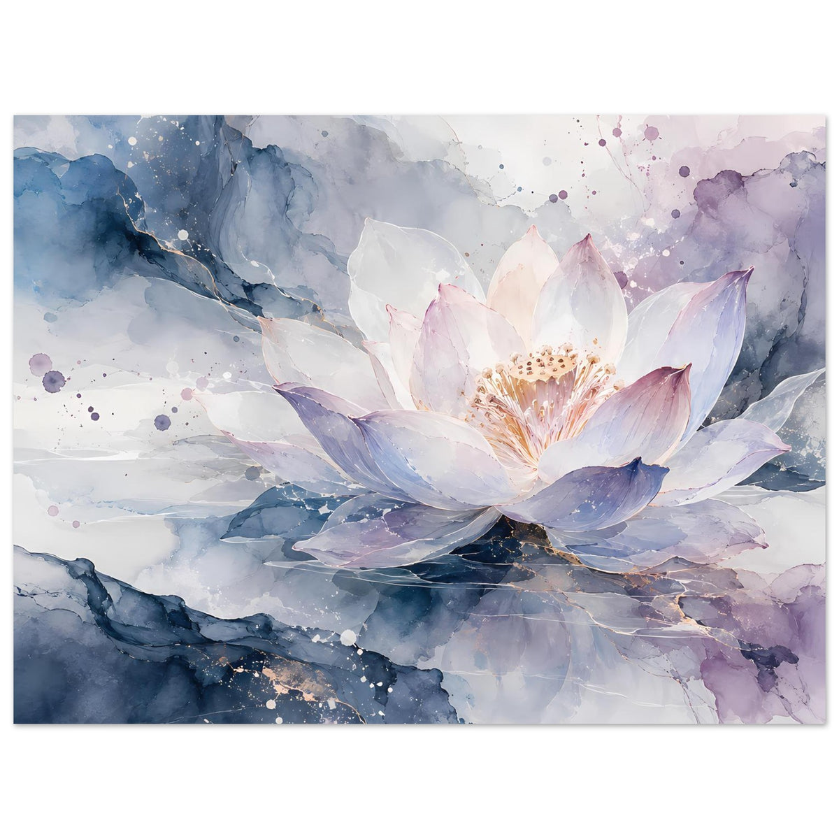 Horizontales Blumenposter mit Lotusblüte: weiße Blüte, pastell-lila Nuancen, blaue Aquarelle