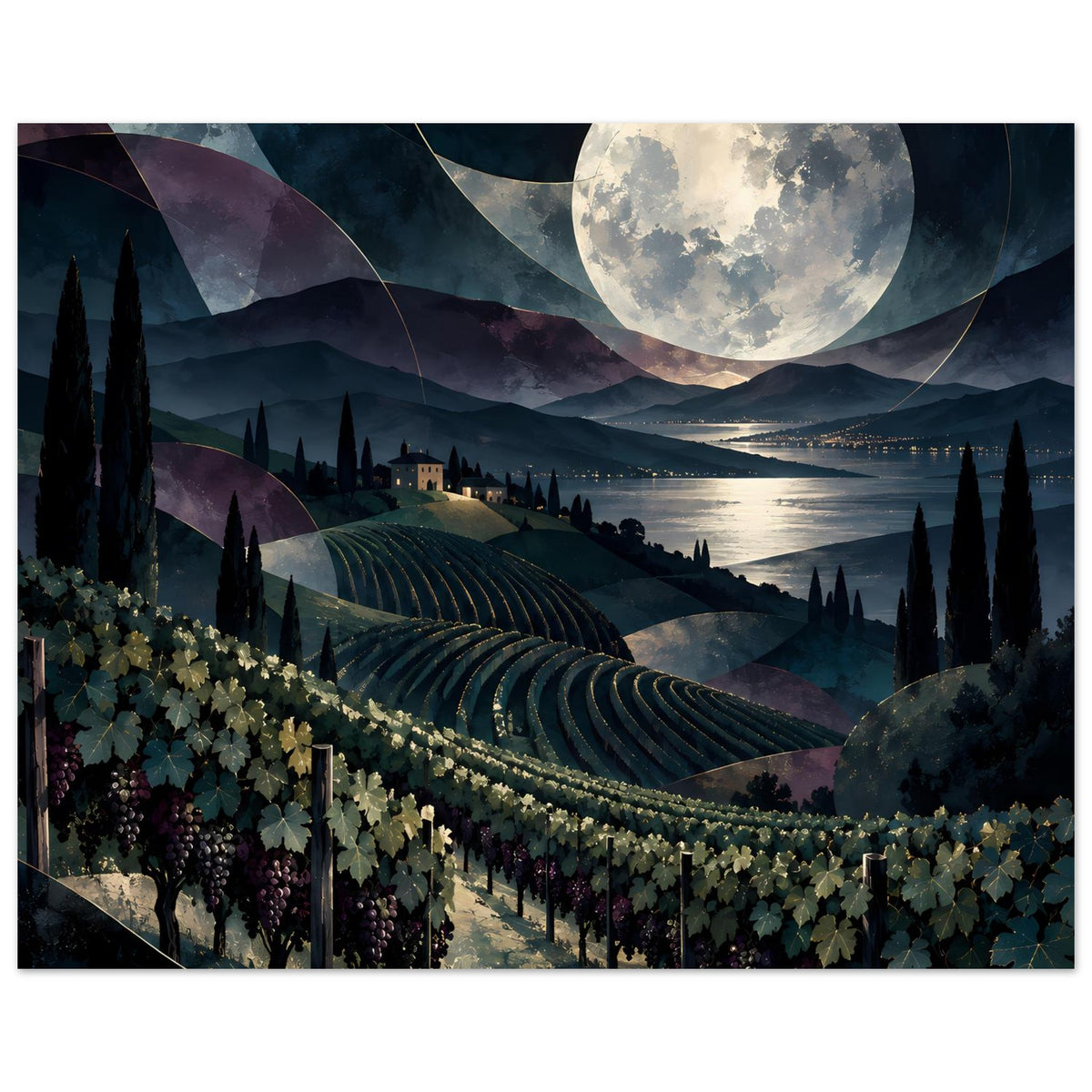 Nachtlandschaftsposter (quer) mit großem Mond, Weinreihen und dunklem Tal am Wasser