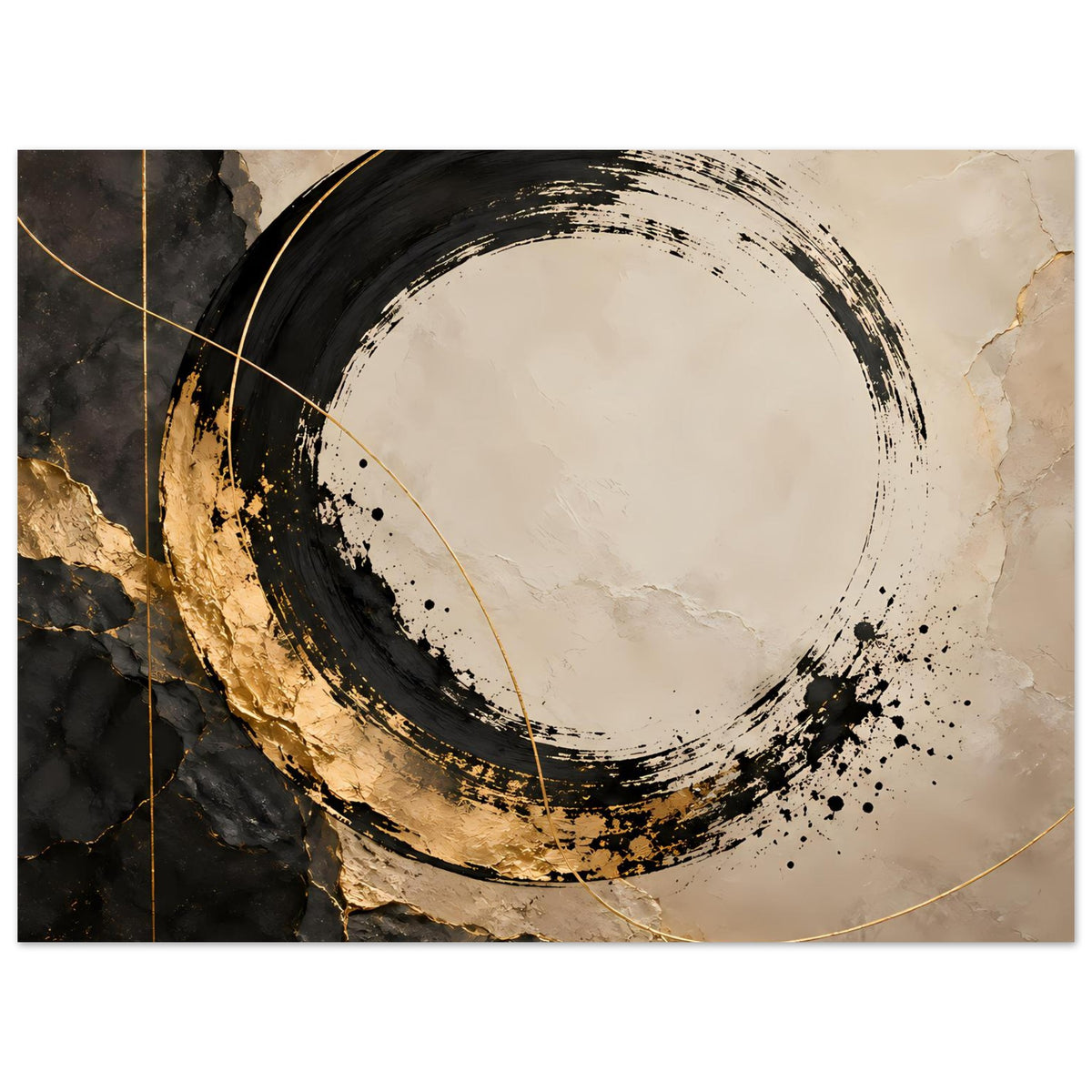 Abstraktes Kunstposter (horizontal) mit schwarzem Kreisring, goldenen Linien und beigen Steinstrukturen