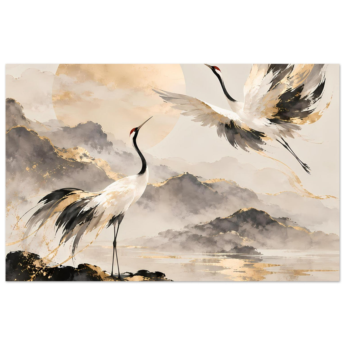 Poster mit Kranichen in Gold- und Grautönen, zwei stehende Vögel vor Wolkenlandschaft