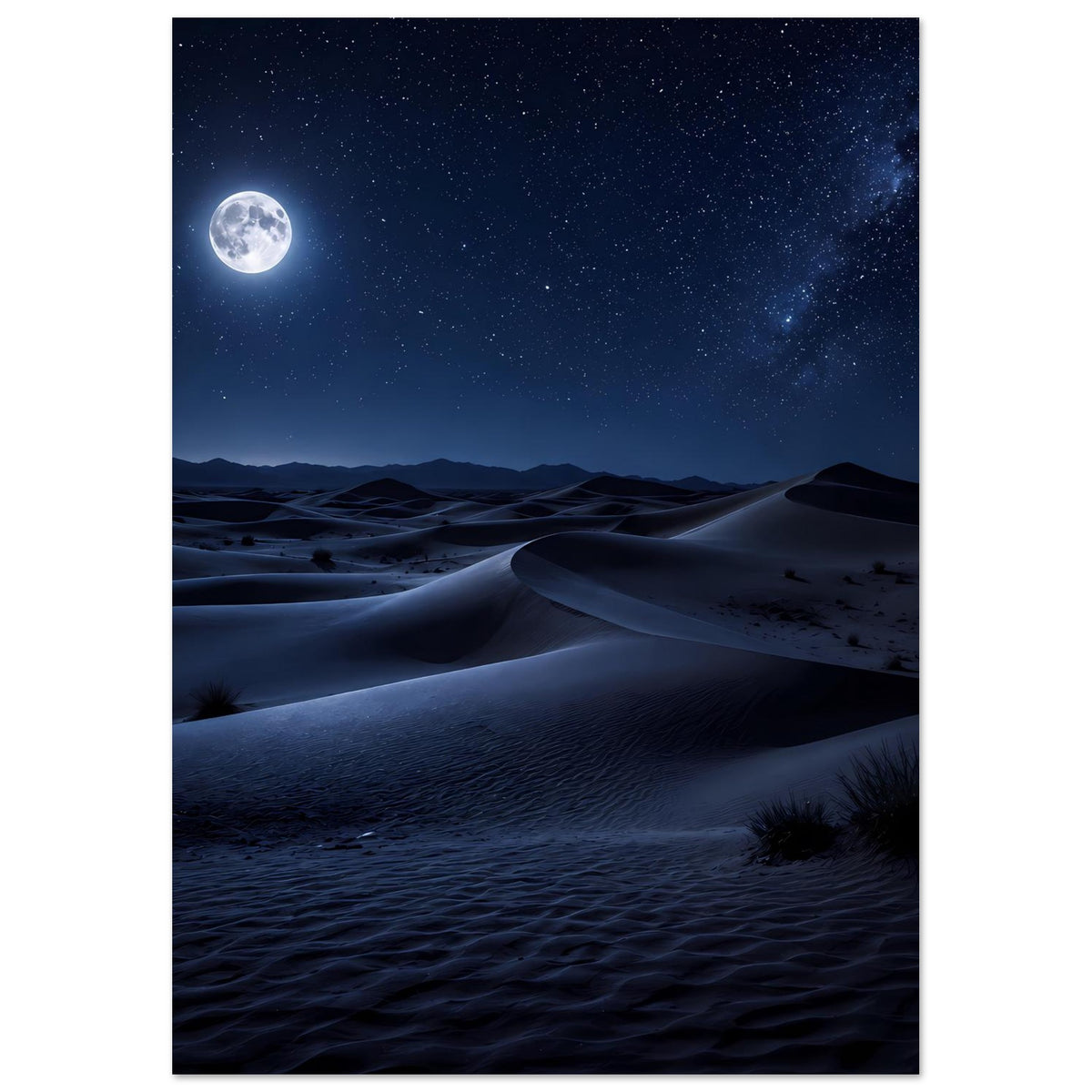 Poster mit Mond am nächtlichen Himmel über dunkler Wüste und Sanddünen