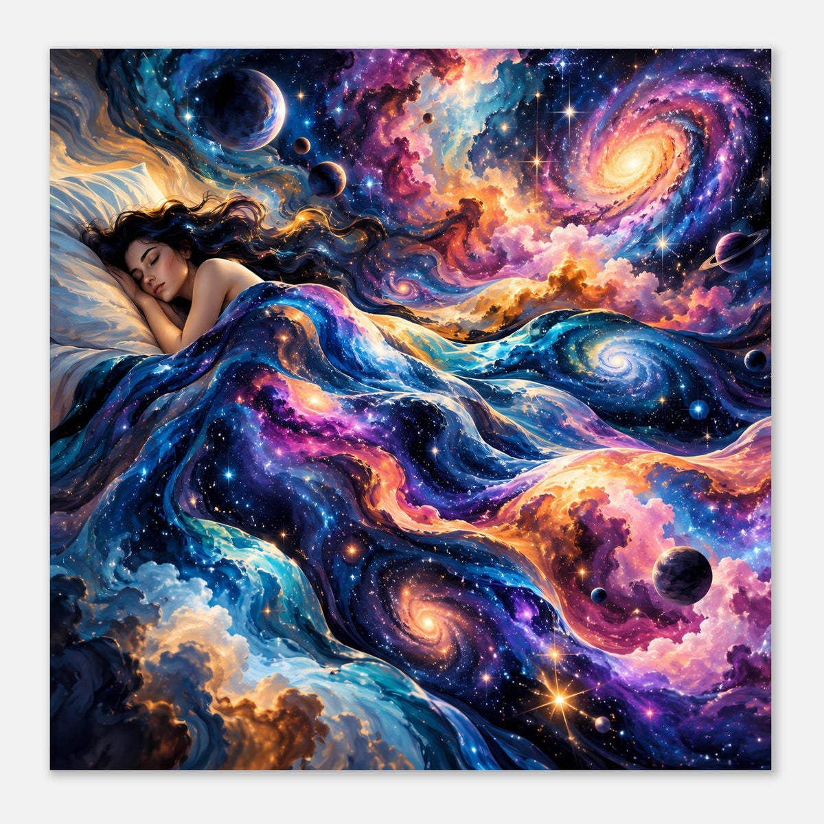 Quadratisches Poster mit Galaxie-Motiv: schlafende Frau, leuchtende Nebel und Sterne