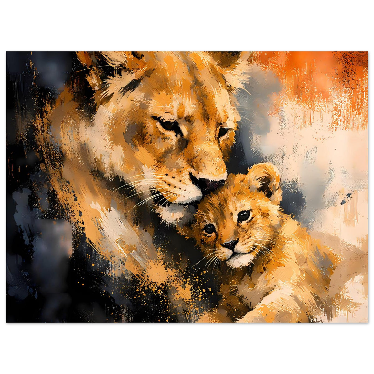 Löwin und Jungtier Poster, Hochformat mit warmen Orange-Highlights und dunklen Akzenten