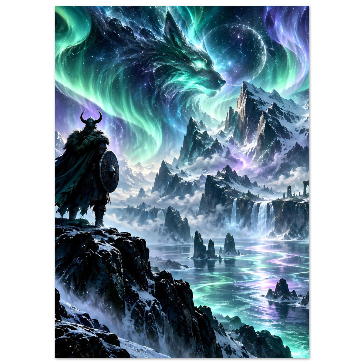 Fantasy-Poster: Umhang-Krieger auf Klippen, Polarlichter über Bergen und Drachenhauch