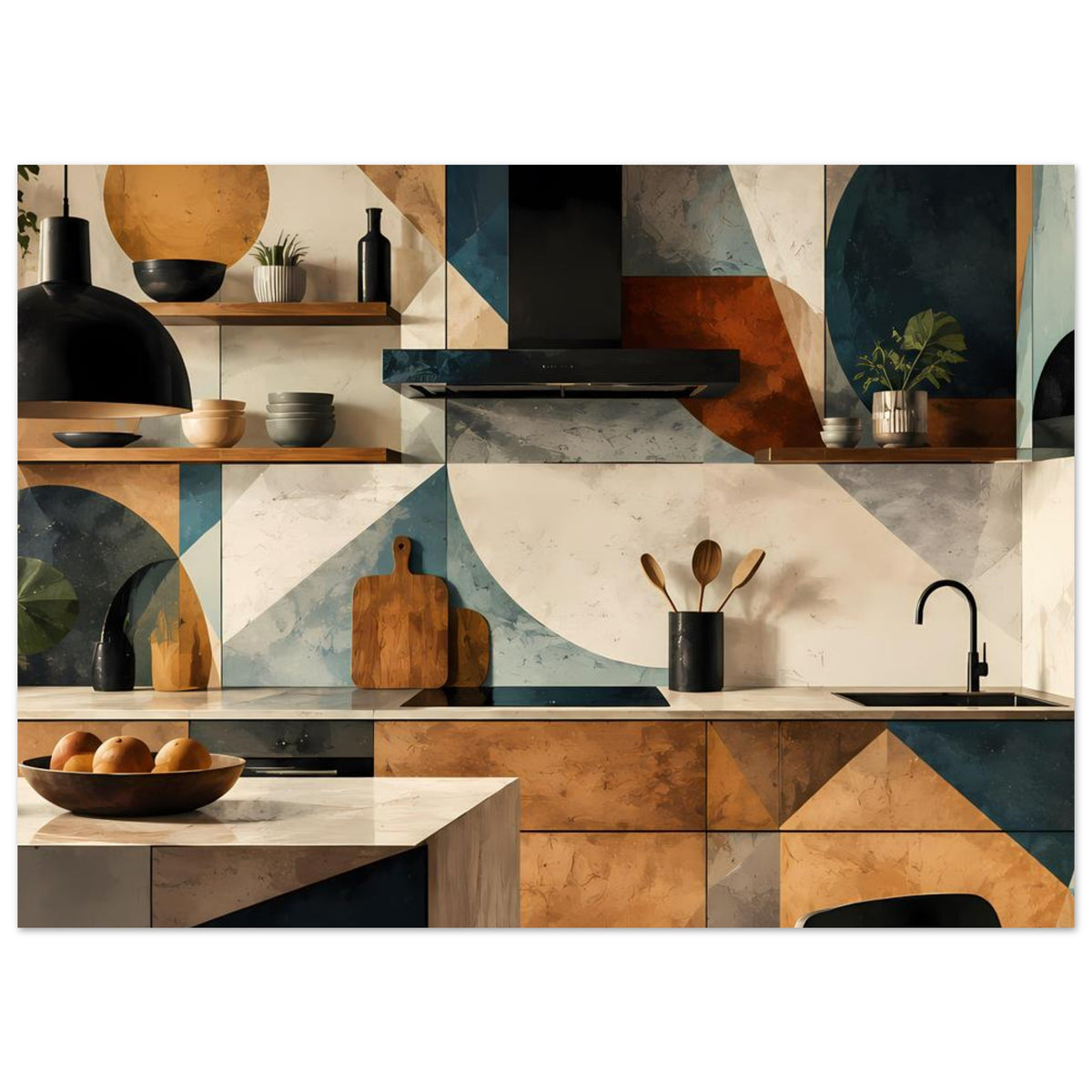 Geometrisches Küchenkunst-Poster im Querformat mit Küchenfront, Spüle und Deko-Accessoires