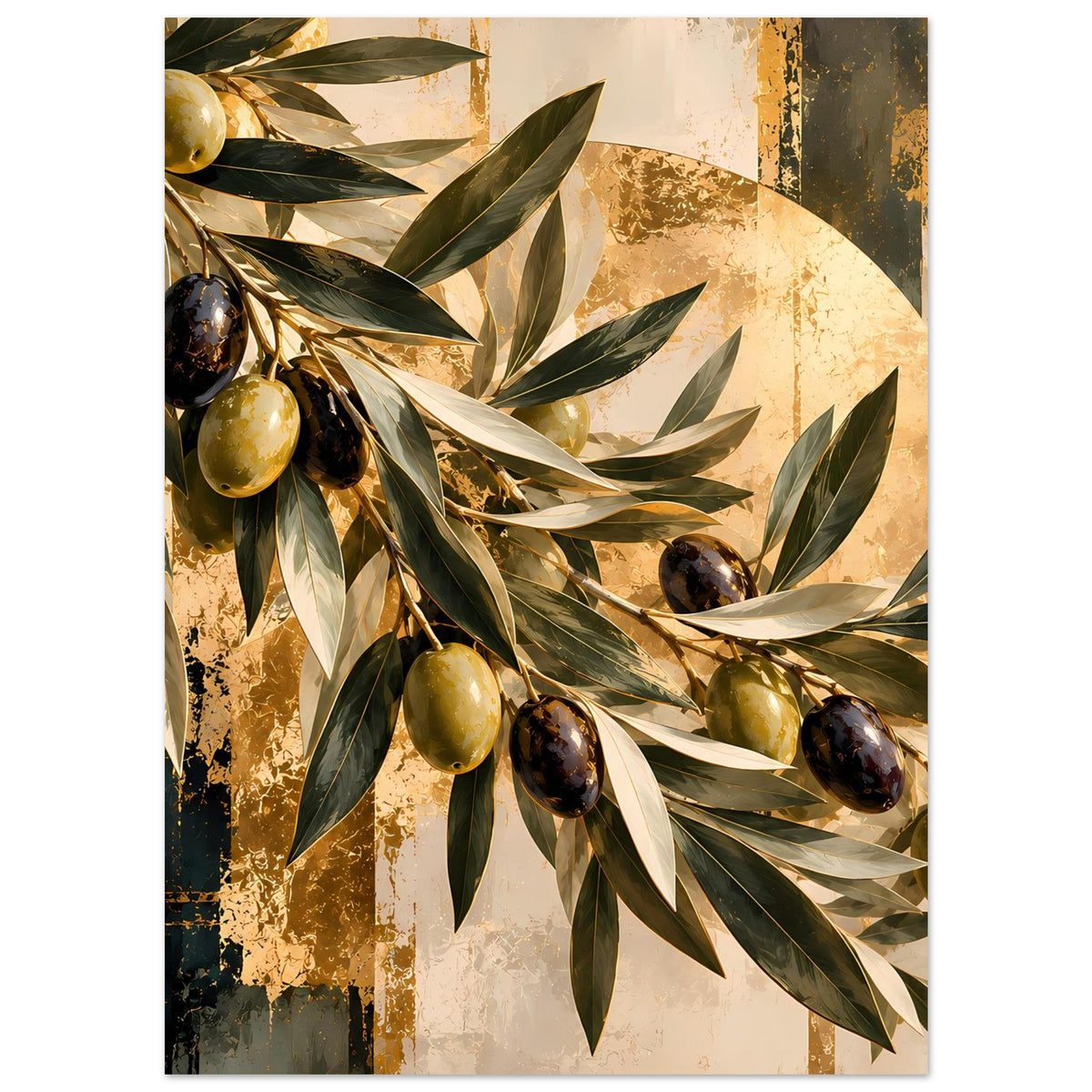 Botanisches Kunstposter mit Olivenzweig und -früchten, teils goldfarben, teils dunkel