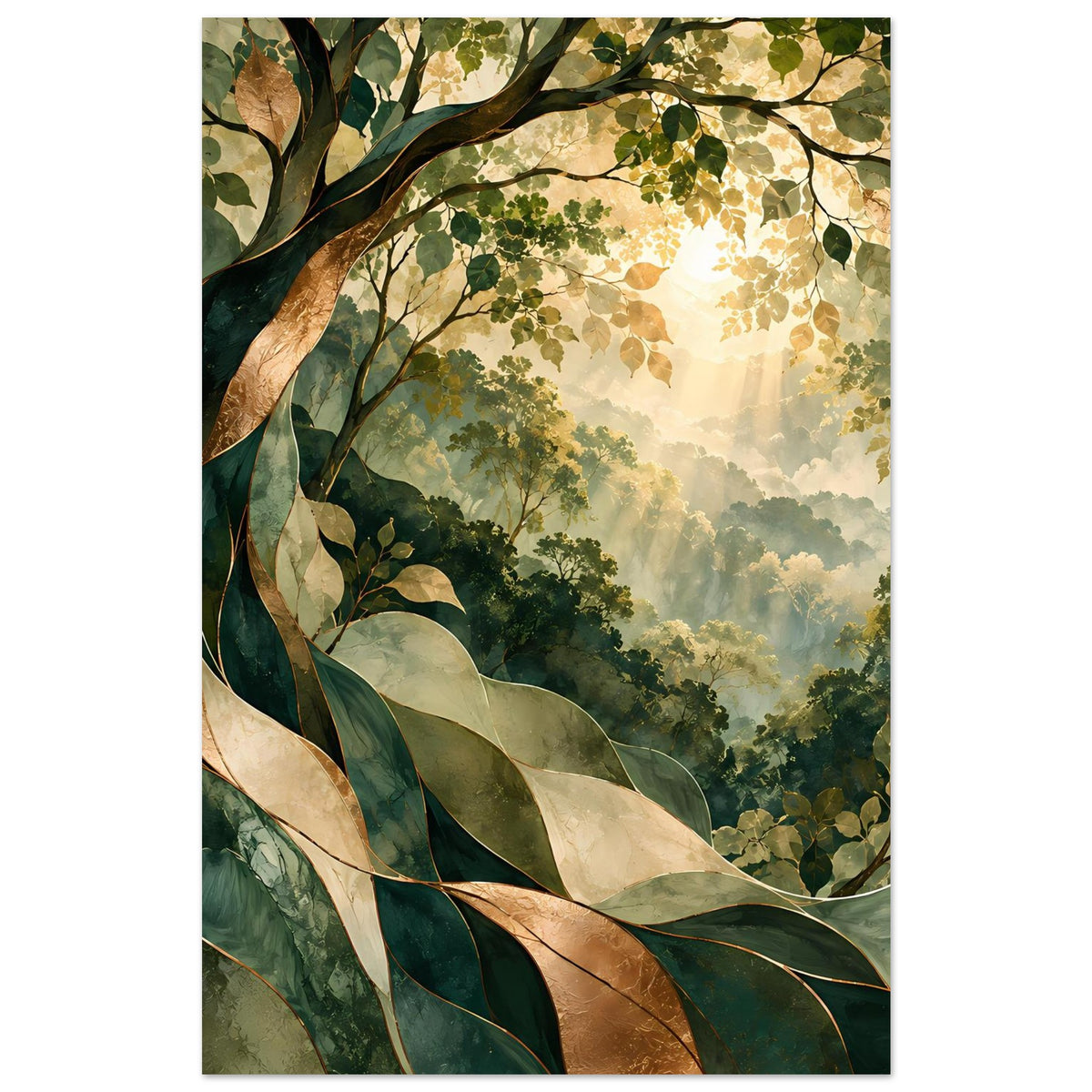 Naturposter mit Baumstamm und Blättern in Dunkelgrün und Beige, Sonnenhalo