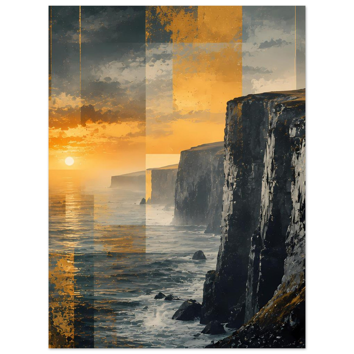 Vertikales Poster: Sonne über ruhigem Meer, links Spiegelung, rechts dunkle Felsklippen