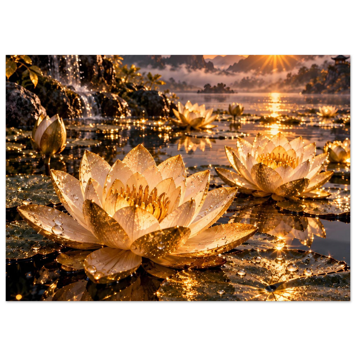 Horizontales Lotus-Blumenposter mit goldenen Lotosblüten, Lichtpunkten im Wasser und Sonne