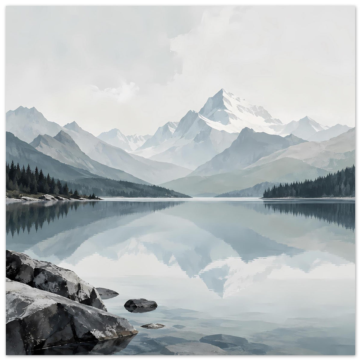 Horizontales Landschaftsposter mit spiegelndem See, Alpenpanorama und wolkenverhangenen Bergen
