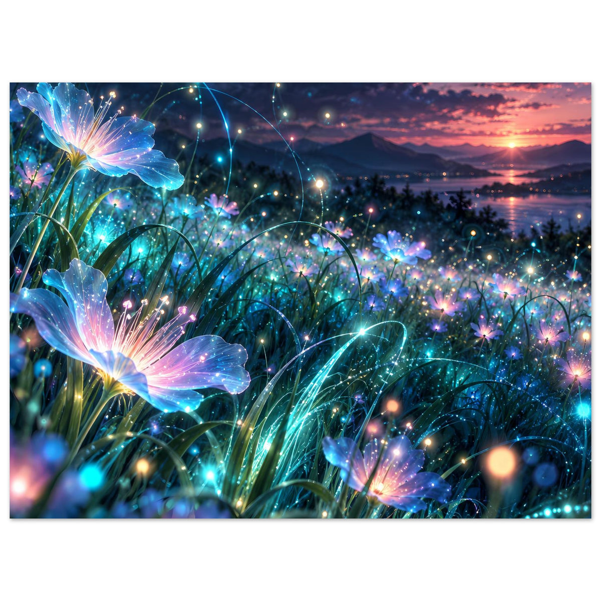 Horizontales Blumenposter mit blauen Schmetterlingsblüten, glitzernden Lichtern und weichem Farbhimmel