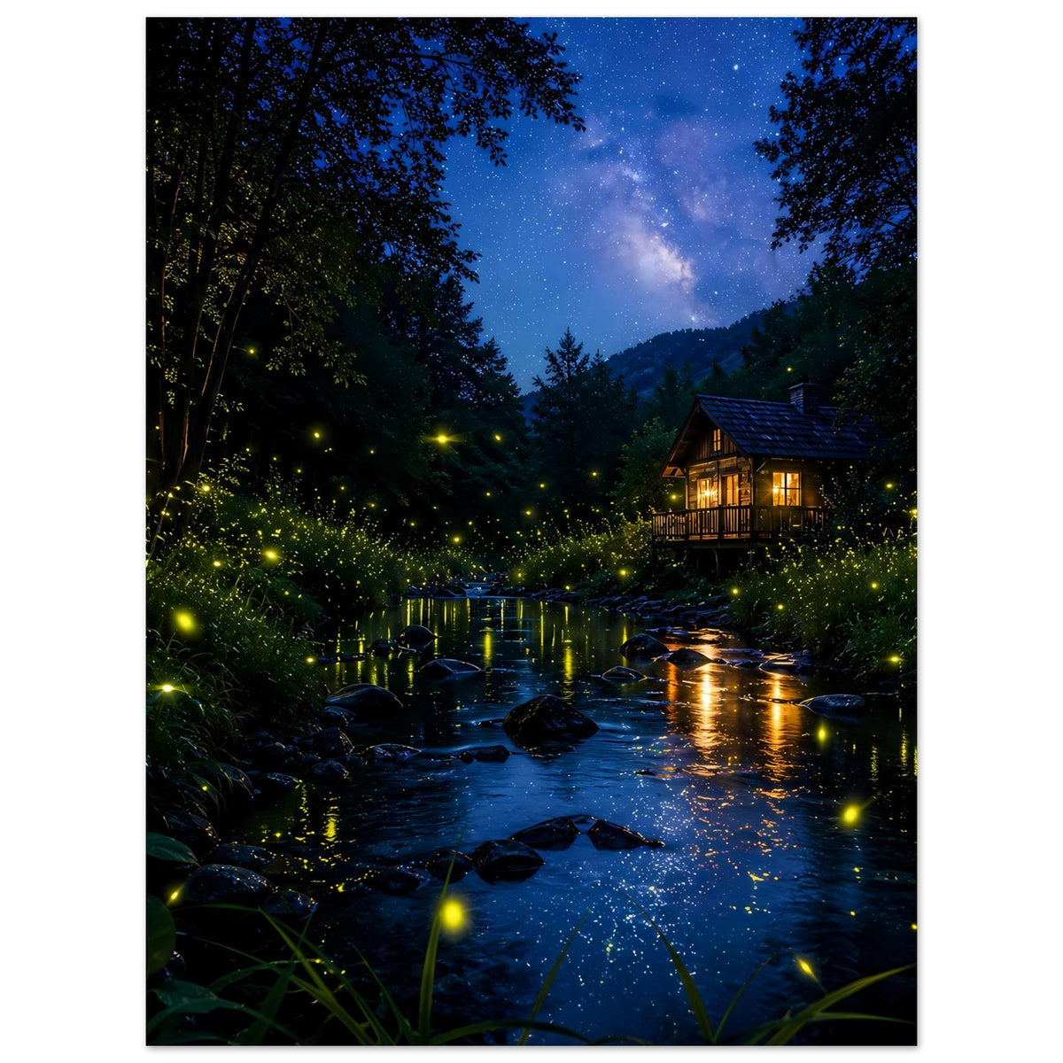 Poster mit Nachtwald, ruhigem Fluss und leuchtenden Glühwürmchen vor einer warm beleuchteten Hütte