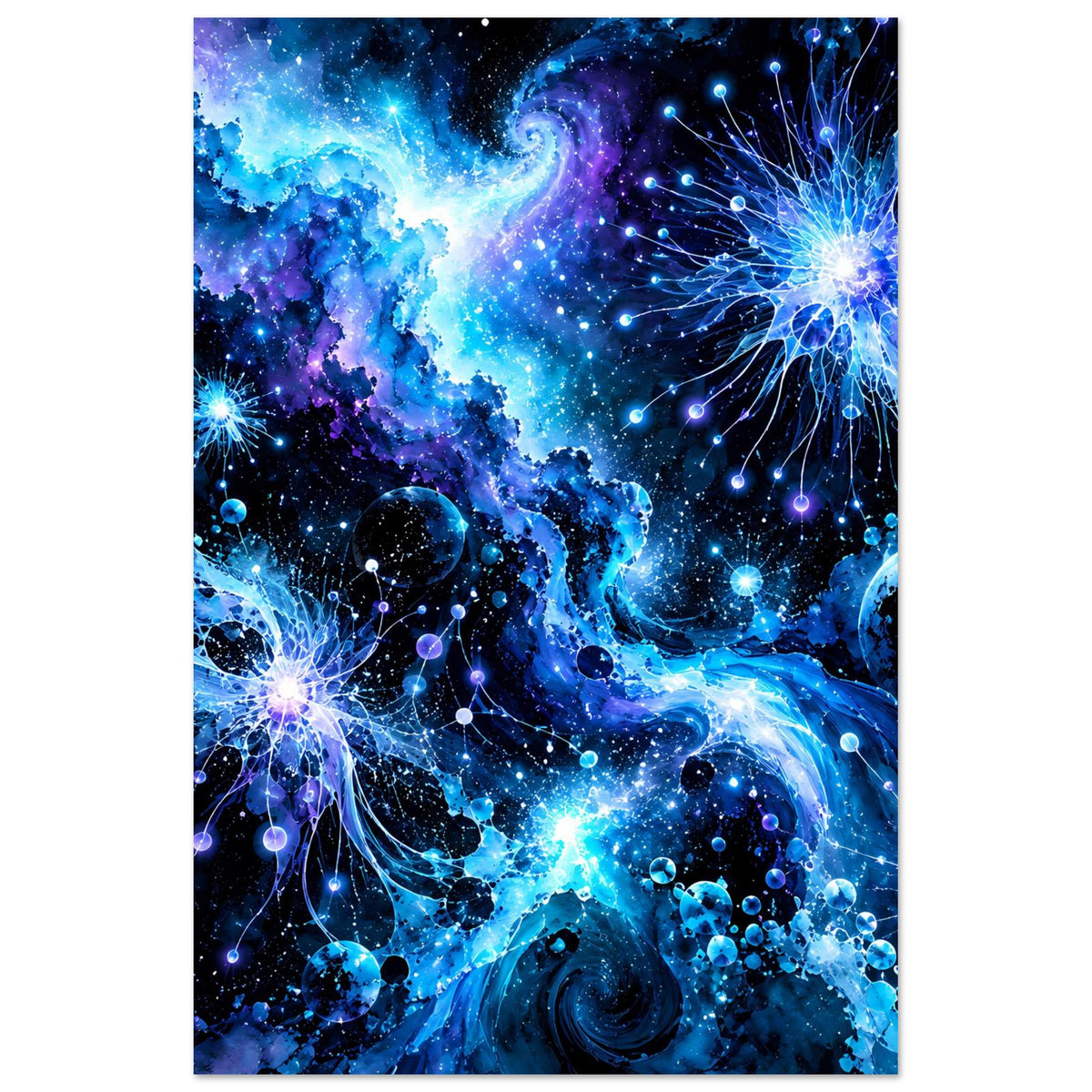 Hochformatiges galaktisches Poster mit blauen Nebeln, Planeten und strahlenden Partikeln