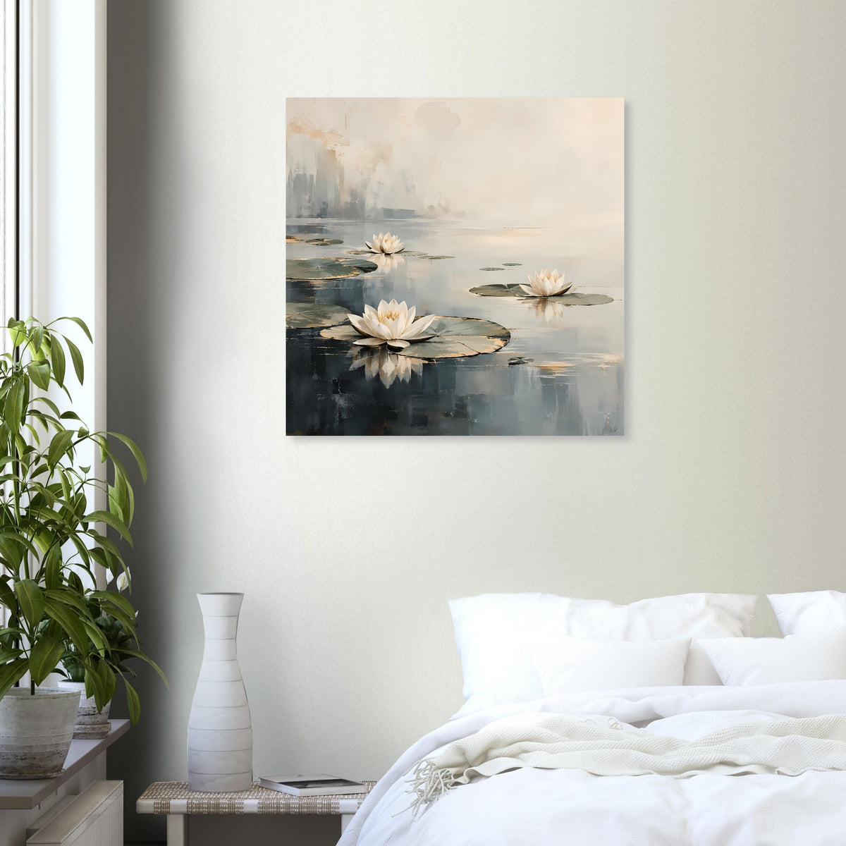 Poster mit Wasserlilien auf Wasserfläche, helle Pastellwolken und Reflexion