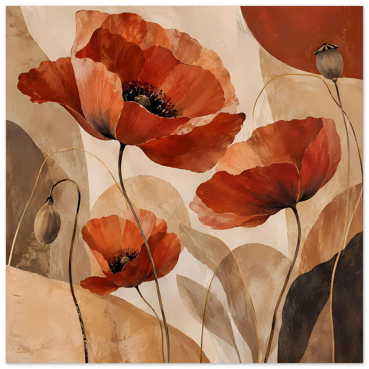 Botanisches Poster mit roten Mohnblüten und knospiger Blüte rechts oben, mattes Papier.