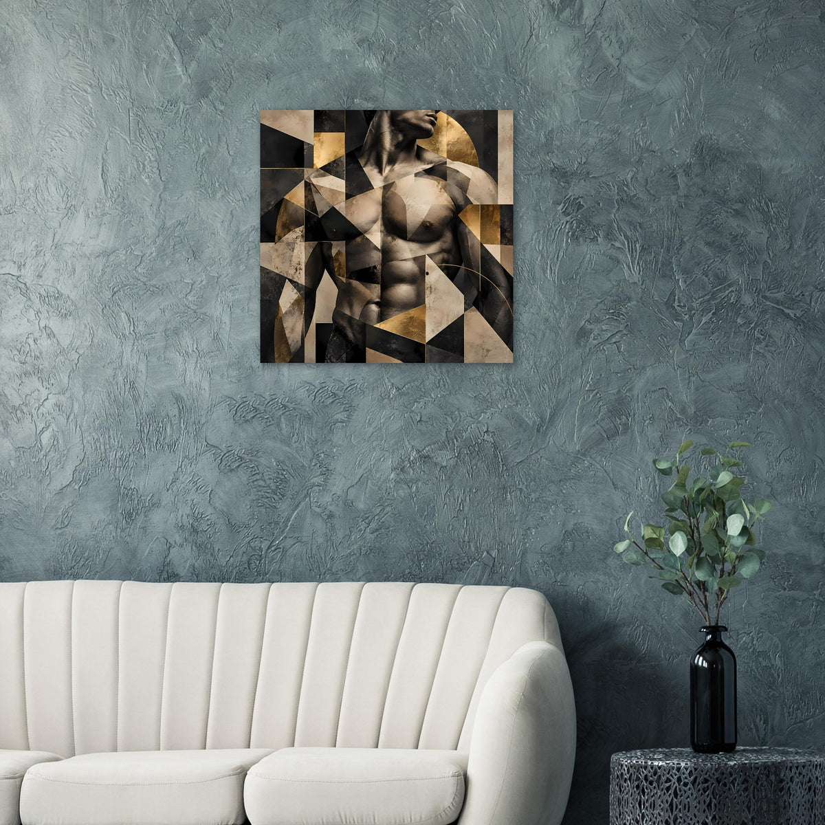 Gerahmtes abstraktes Akt-Poster, geometrisches Muster über Torso in Schwarz, Beige und Gold
