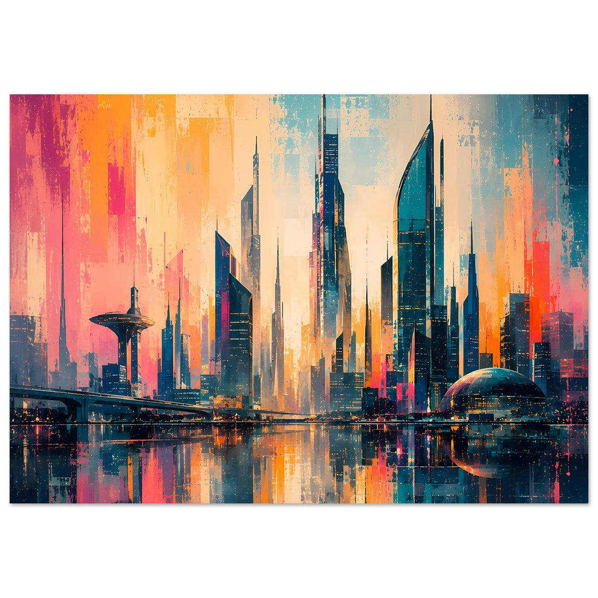 Querformat-Stadtpanorama-Poster: futuristische Gebäude, spiegelnde Wasseroberfläche, warmes Orange und Blau.