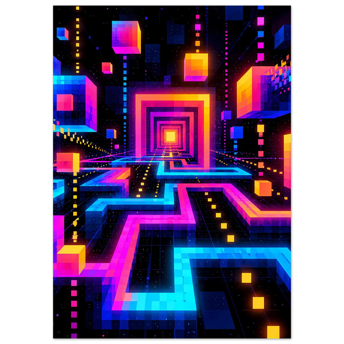 Neon-Labyrinth-Poster im Hochformat mit leuchtenden Pfaden, Pixel-Optik und Ziel im Zentrum
