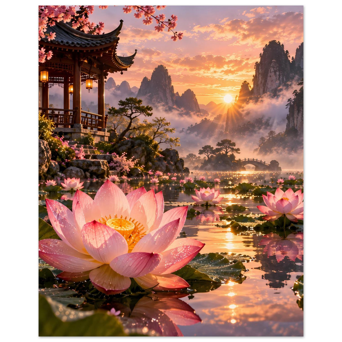 Poster mit pinken Lotusblüten und Pagode bei Sonnenuntergang, im Wasser spiegelnde Lichter