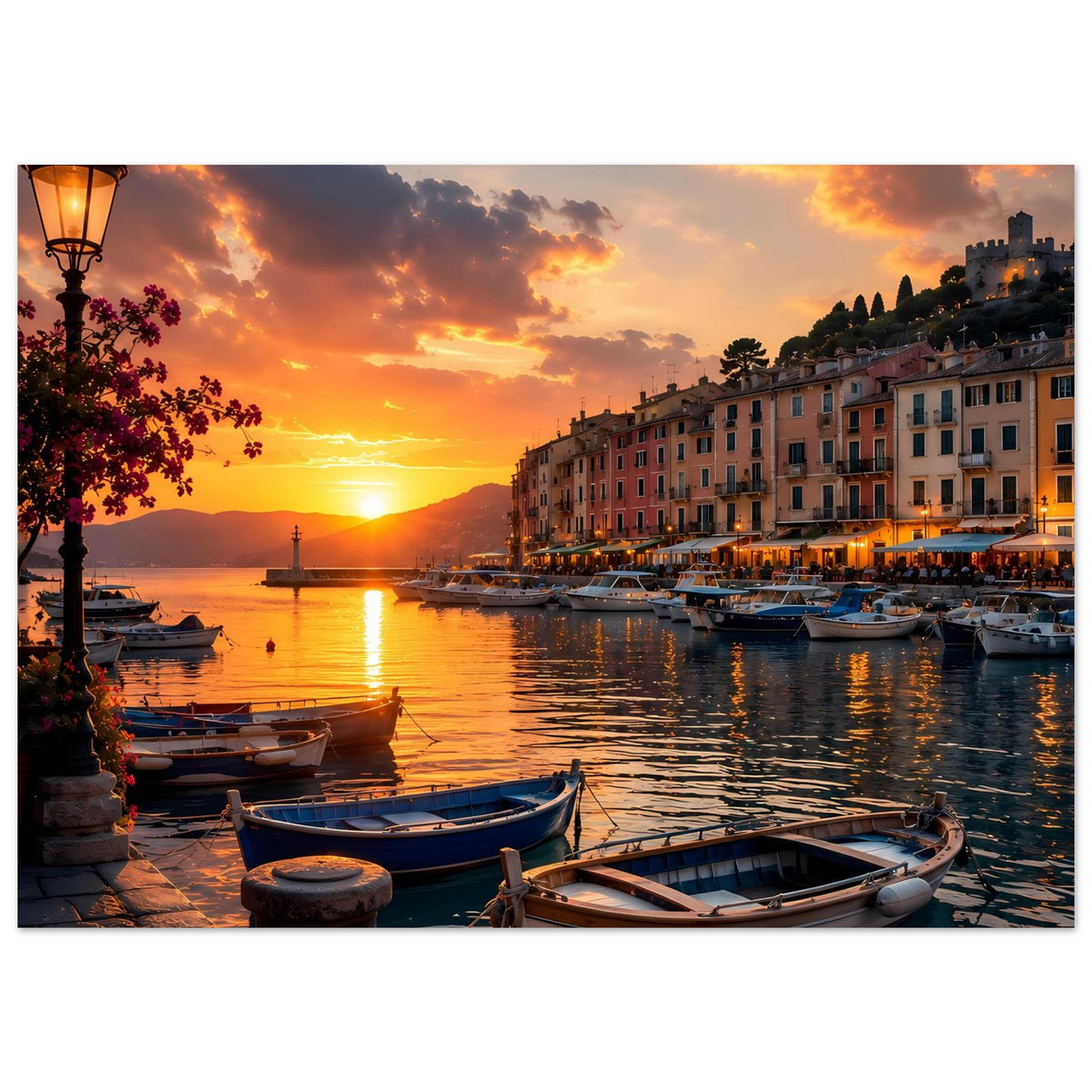 Horizontales Poster mit Sonnenuntergang am Wasser, Liegeboote und Uferhäuser am Kai
