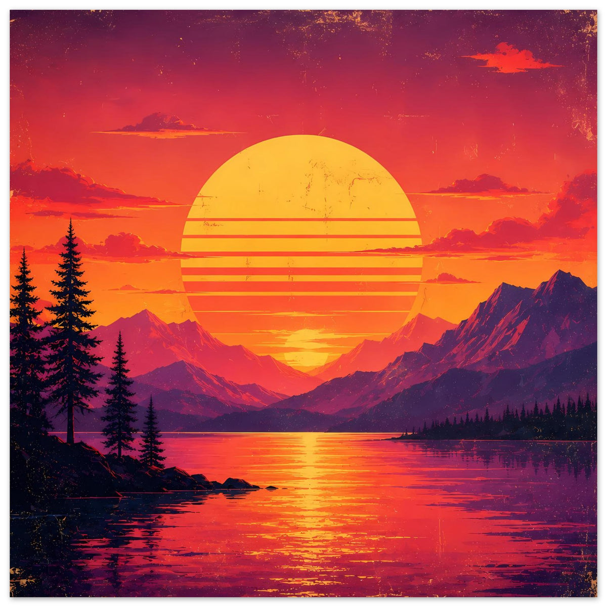 Poster Hochformat mit Kreis-Sonne und Berglandschaft am See, lila-oranger Himmel