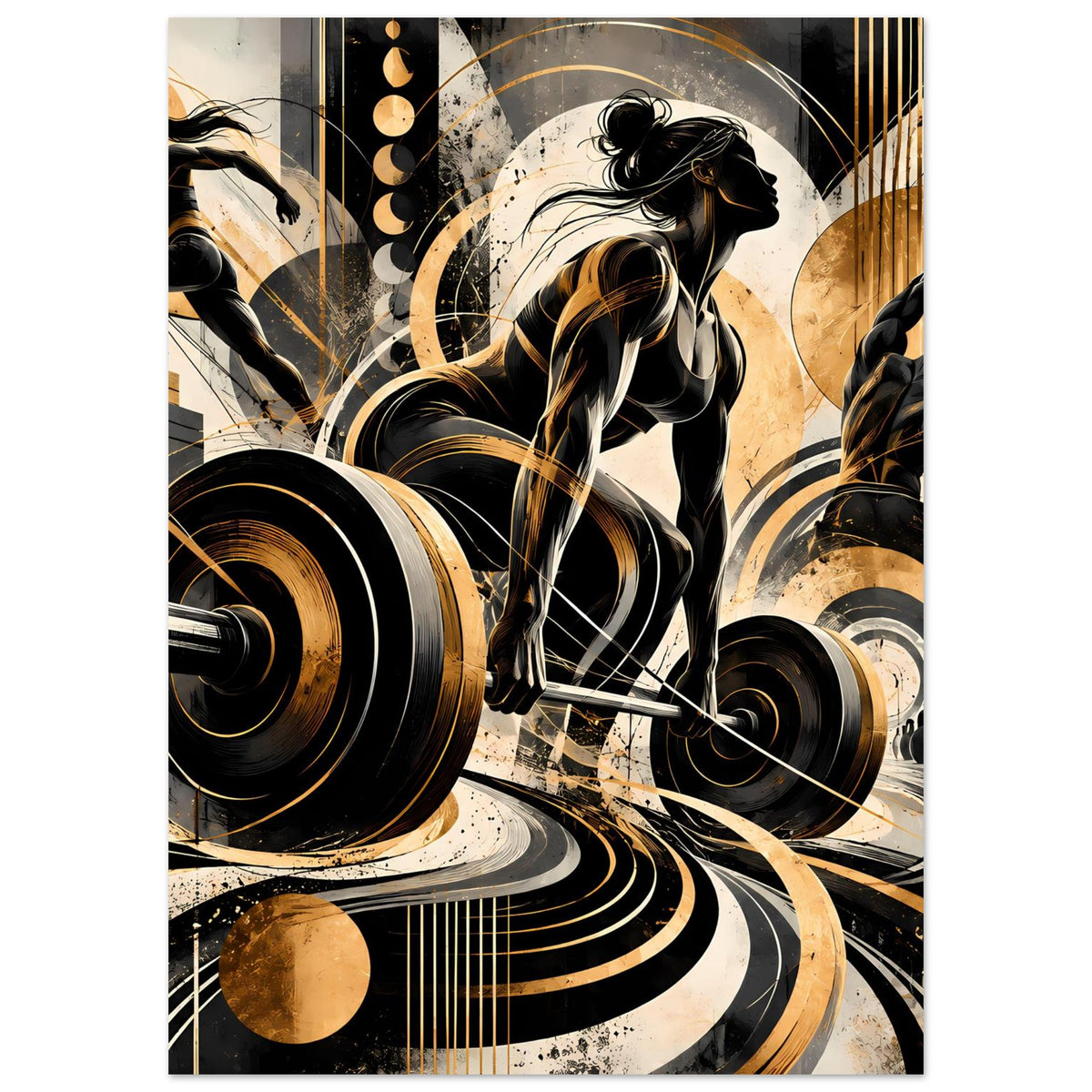 Fitness-Action-Poster mit Frauen-Silhouette, Hantelstange und Gold-Schwarz-Linien, sportliche Grafik