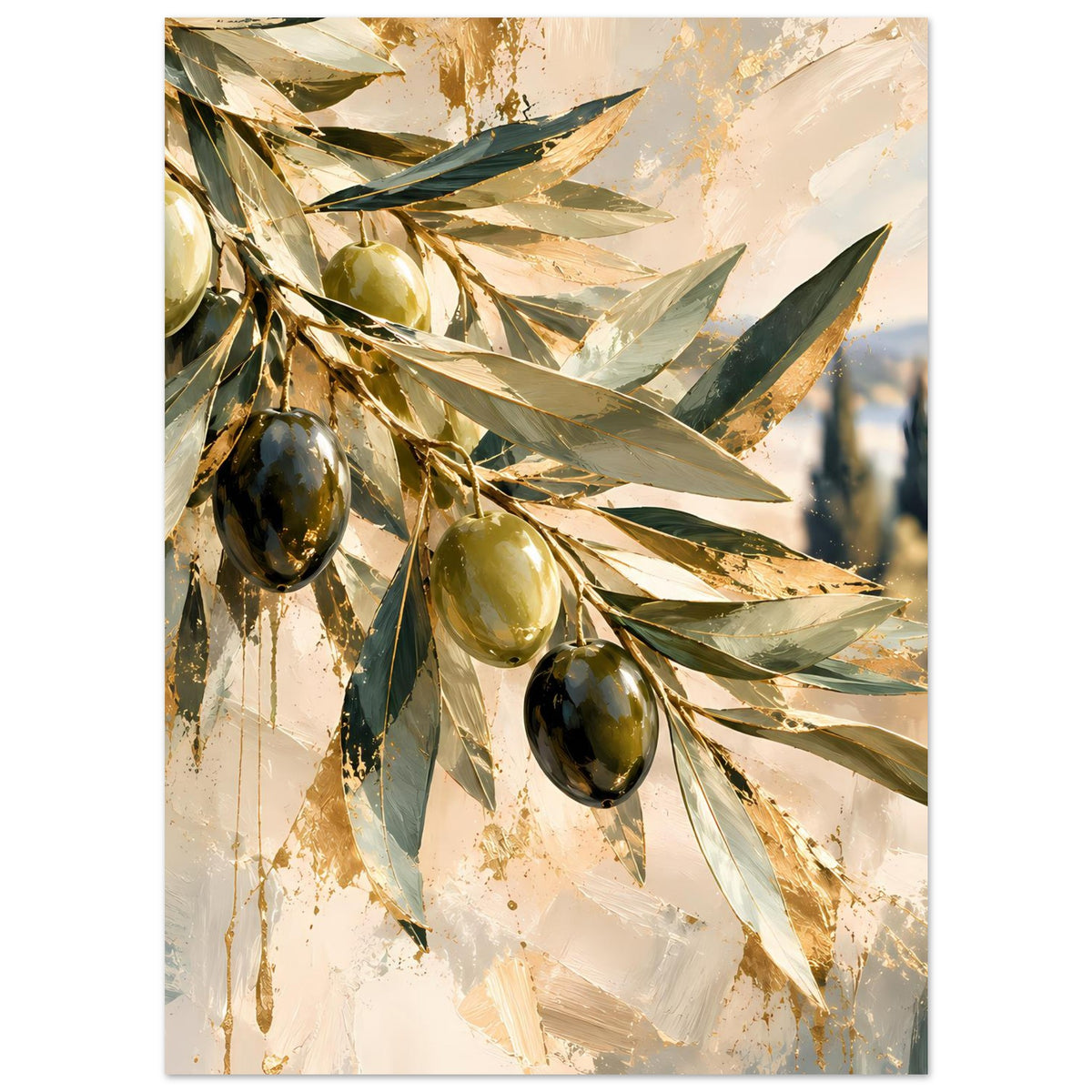 Kunstposter mit Olivenzweigen und hängenden Oliven, abstrakte Blattadern in Oliv und Gold