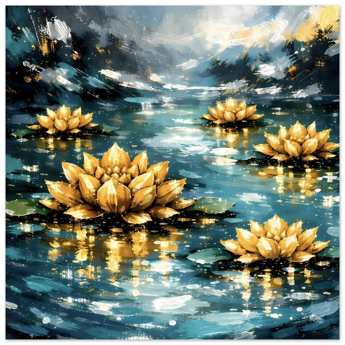 Poster: goldene Seerosen auf Wasseroberfläche, funkelnde Reflexe und helles Zentrum