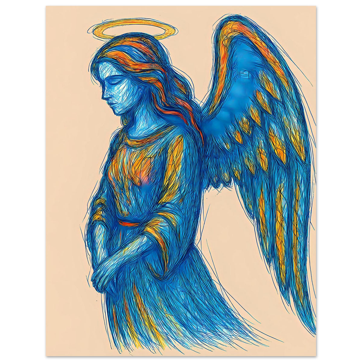 Poster mit seitlich dargestelltem Engel in Blau, Flügel und goldener Heiligenschein