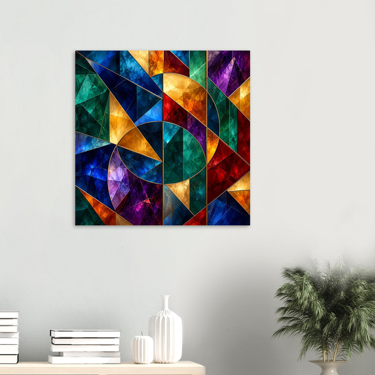 Kleines Glasfenster-Poster mit bunten Dreiecken und Kreisornamenten, quadratisch