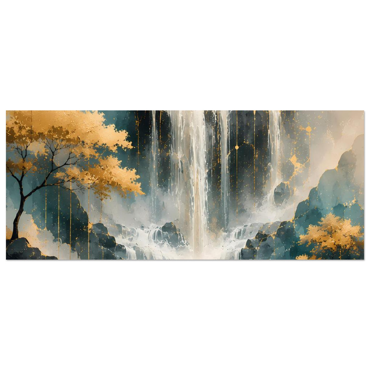 Kunstdruck-Poster im Querformat mit Wasserfall-Motiv, goldene und blaue Farbflächen